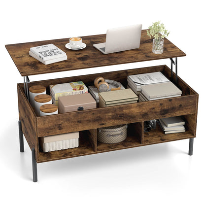 Lift Top Coffee Table with Large Hidden Compartment and 3 Open Cubbies-Rustic Brown