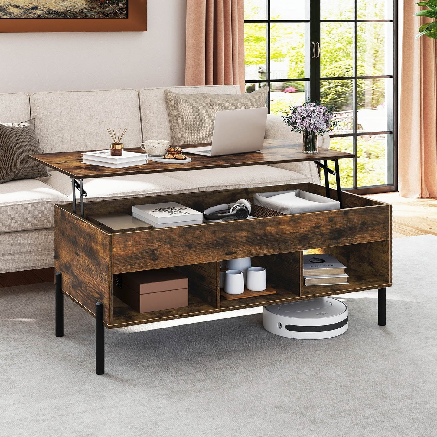Lift Top Coffee Table with Large Hidden Compartment and 3 Open Cubbies-Rustic Brown