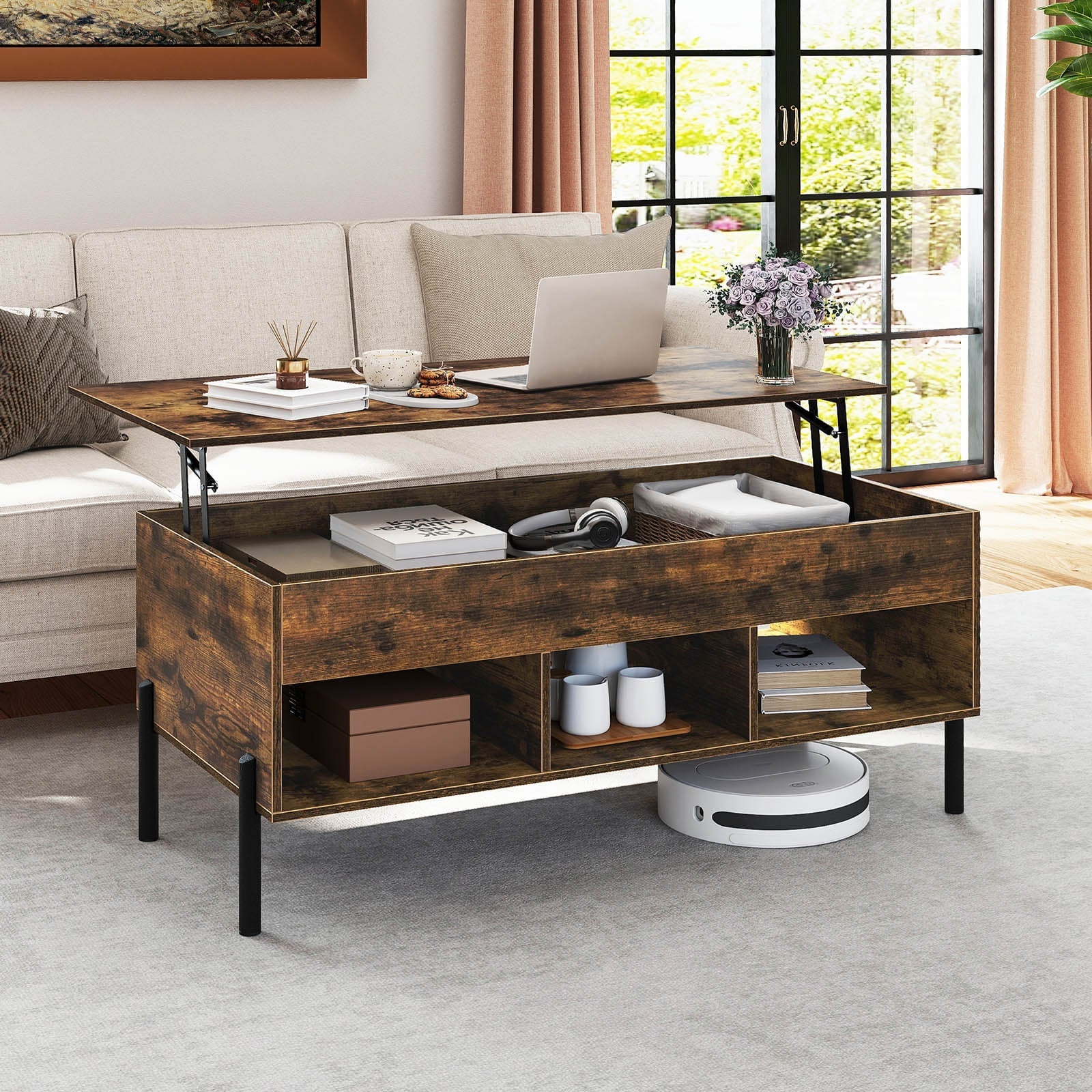 Lift Top Coffee Table with Large Hidden Compartment and 3 Open Cubbies-Rustic Brown