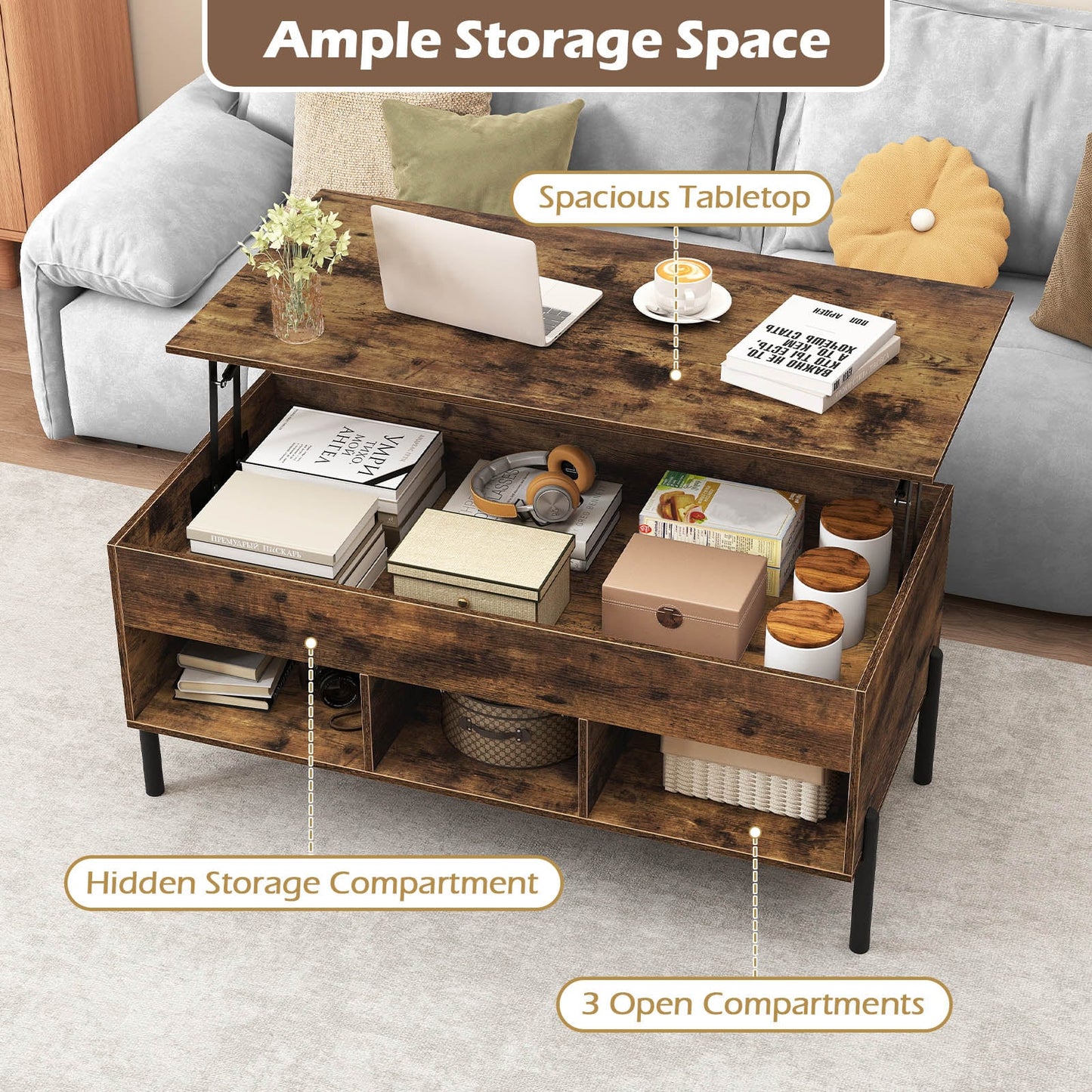 Lift Top Coffee Table with Large Hidden Compartment and 3 Open Cubbies-Rustic Brown