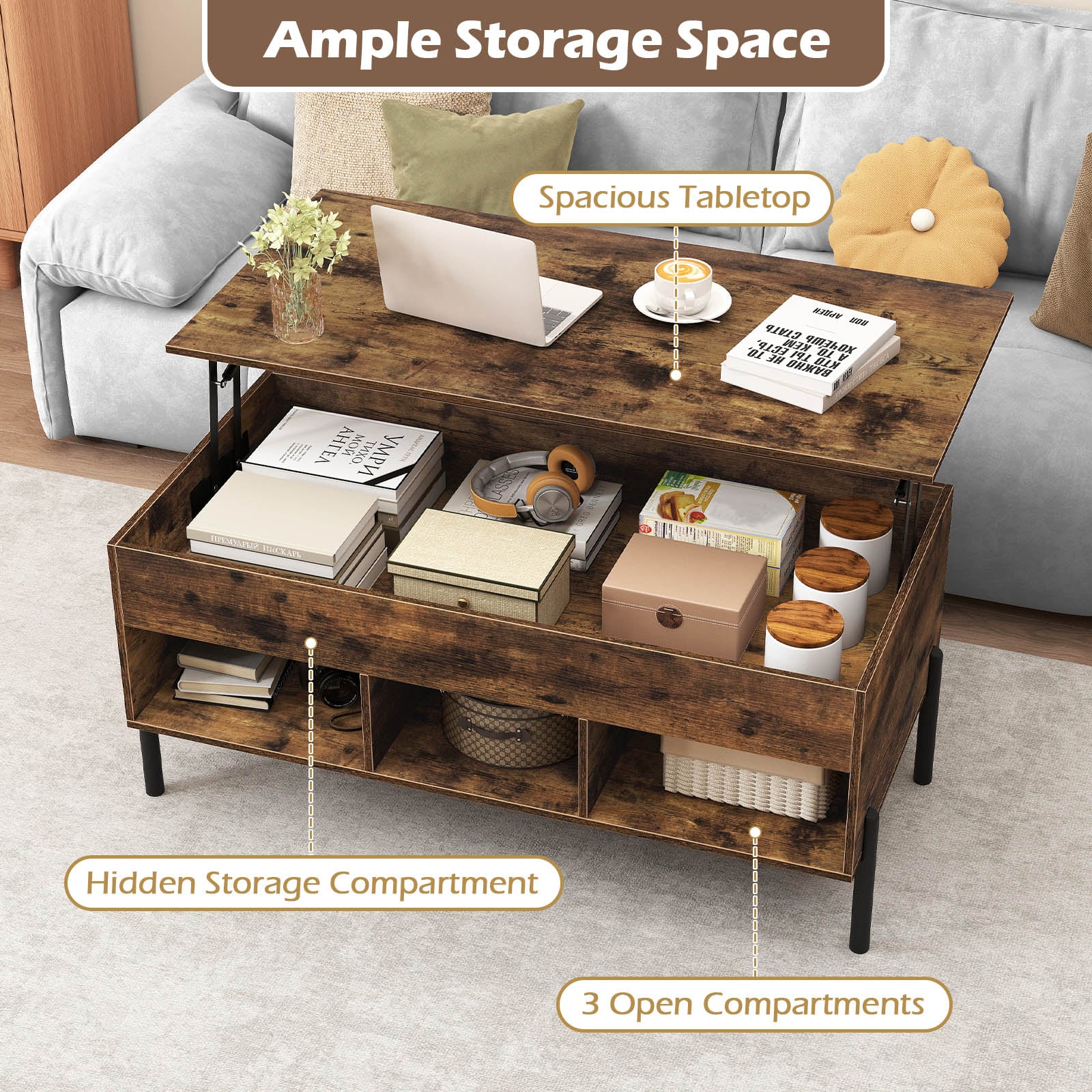 Lift Top Coffee Table with Large Hidden Compartment and 3 Open Cubbies-Rustic Brown