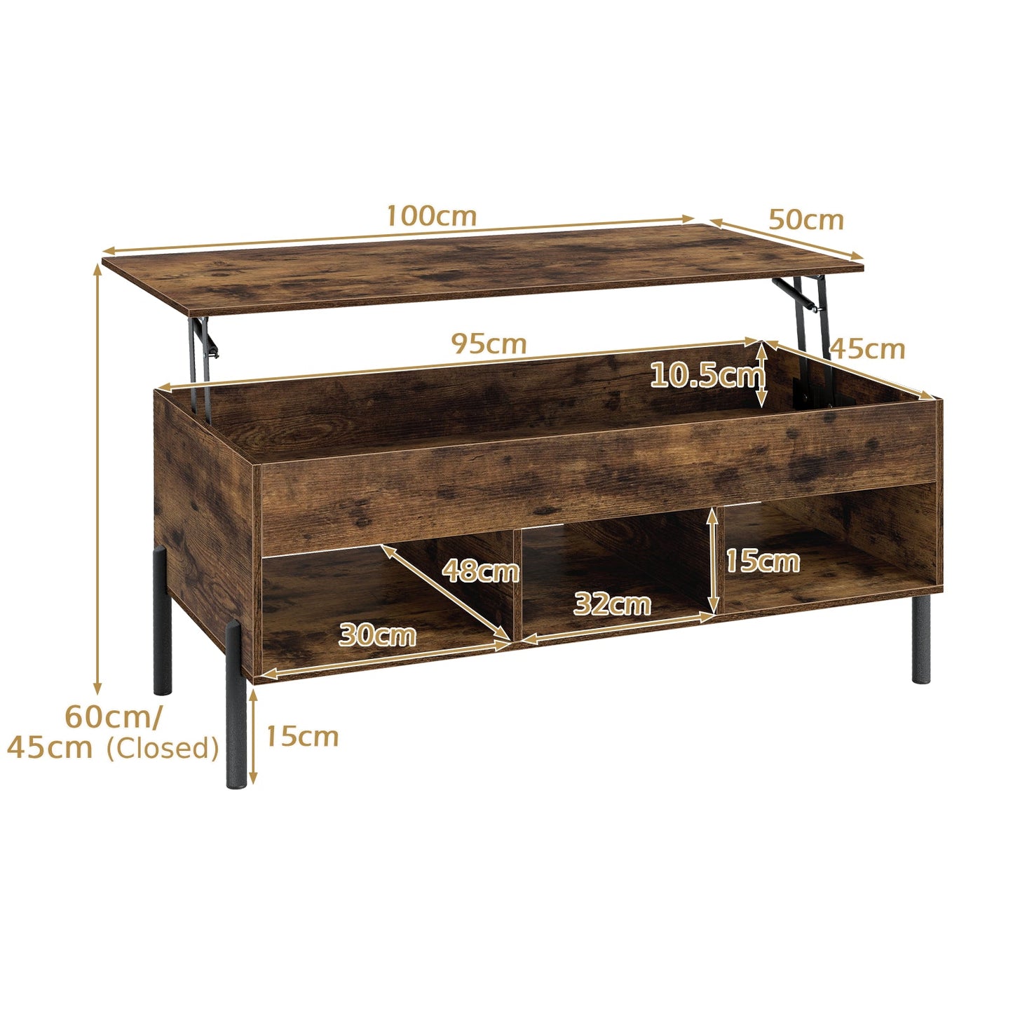 Lift Top Coffee Table with Large Hidden Compartment and 3 Open Cubbies-Rustic Brown