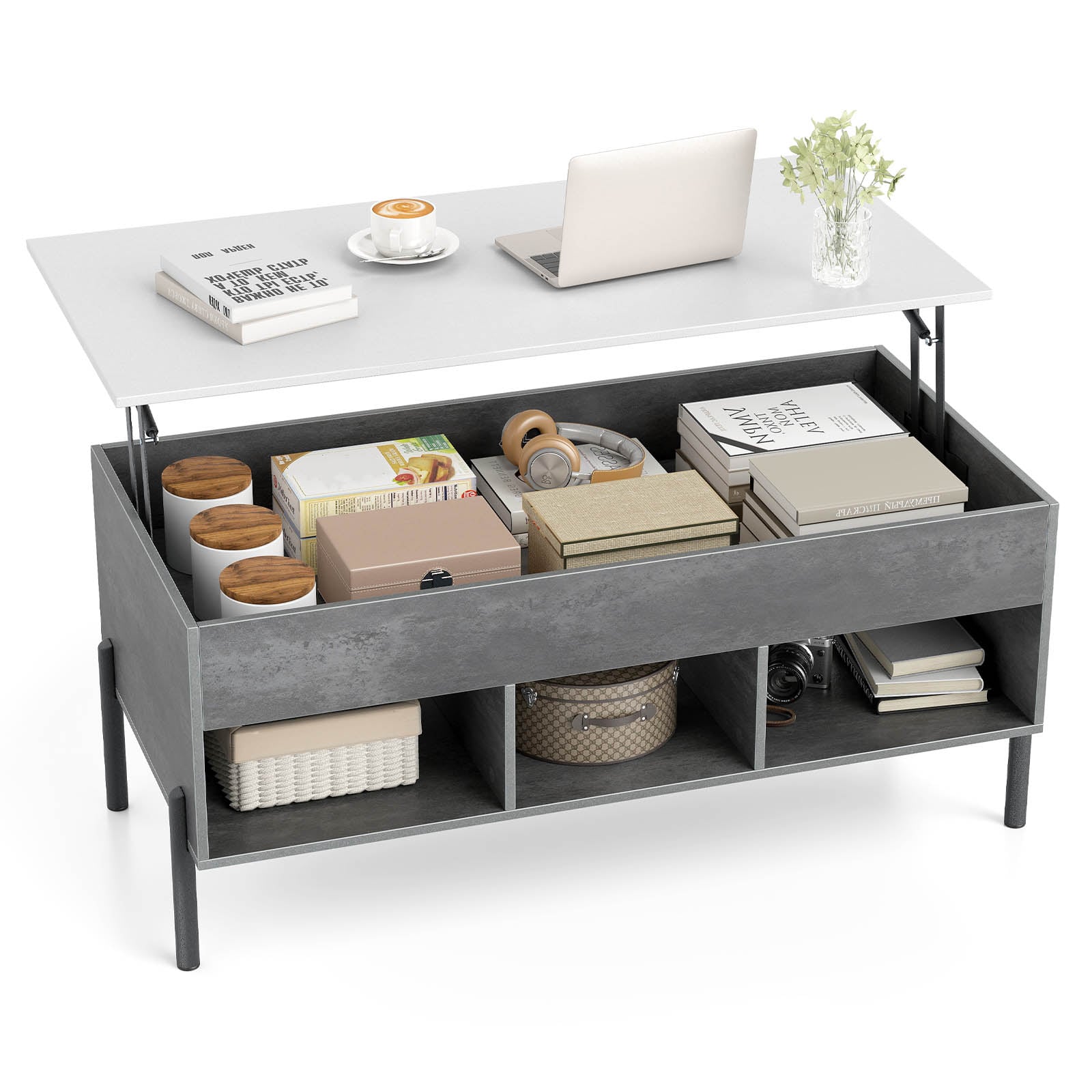 Lift Top Coffee Table with Large Hidden Compartment and 3 Open Cubbies-Grey