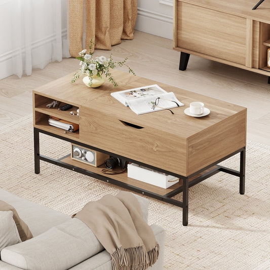 Lift Top Coffee Table with Hidden Compartment and Storage Shelf-Natural
