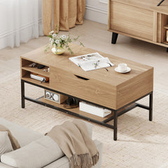 Lift Top Coffee Table with Hidden Compartment and Storage Shelf-Natural