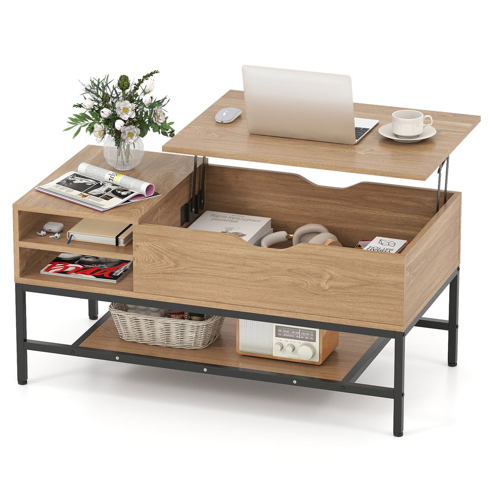 Lift Top Coffee Table with Hidden Compartment and Storage Shelf-Natural