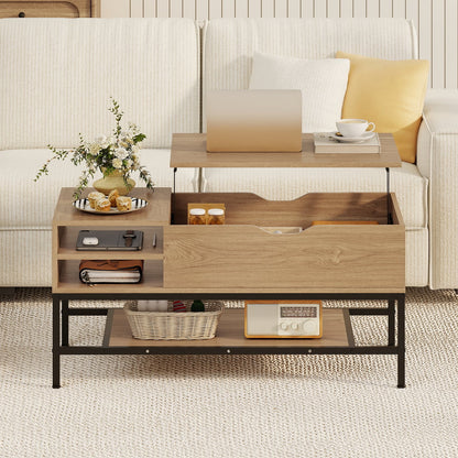 Lift Top Coffee Table with Hidden Compartment and Storage Shelf-Natural