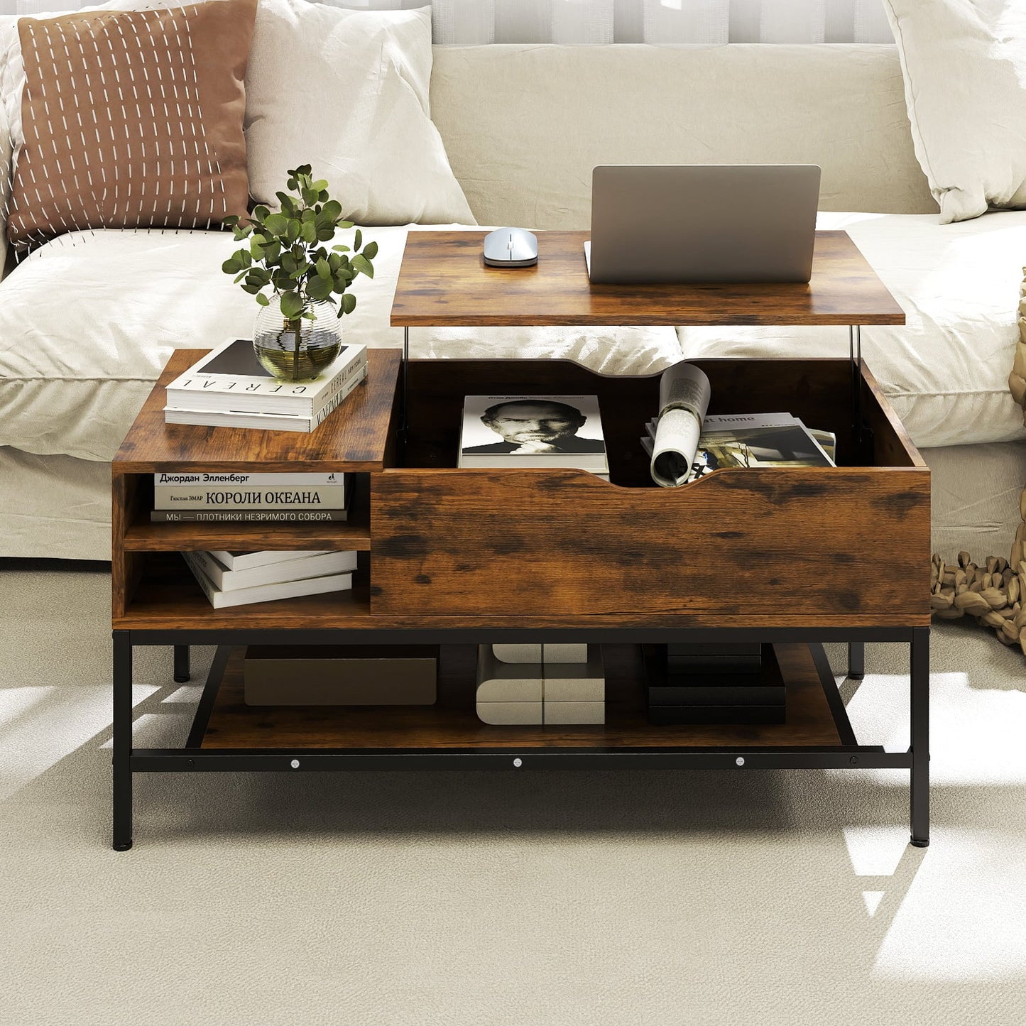 Lift Top Coffee Table with Hidden Compartment and Storage Shelf-Rustic Brown