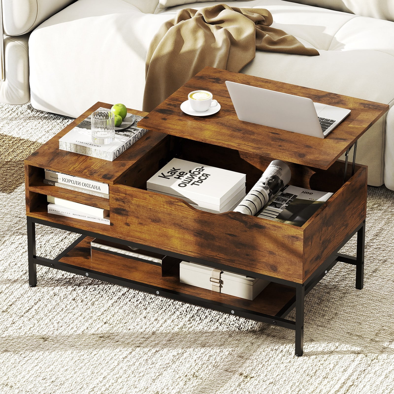 Lift Top Coffee Table with Hidden Compartment and Storage Shelf-Rustic Brown