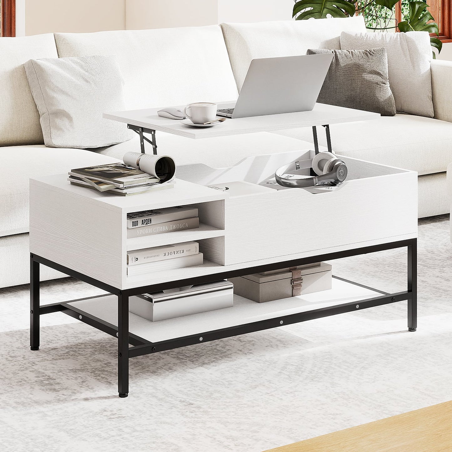 Lift Top Coffee Table with Hidden Compartment and Storage Shelf-White