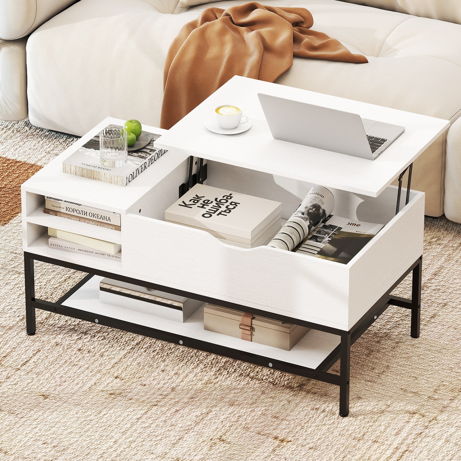 Lift Top Coffee Table with Hidden Compartment and Storage Shelf-White