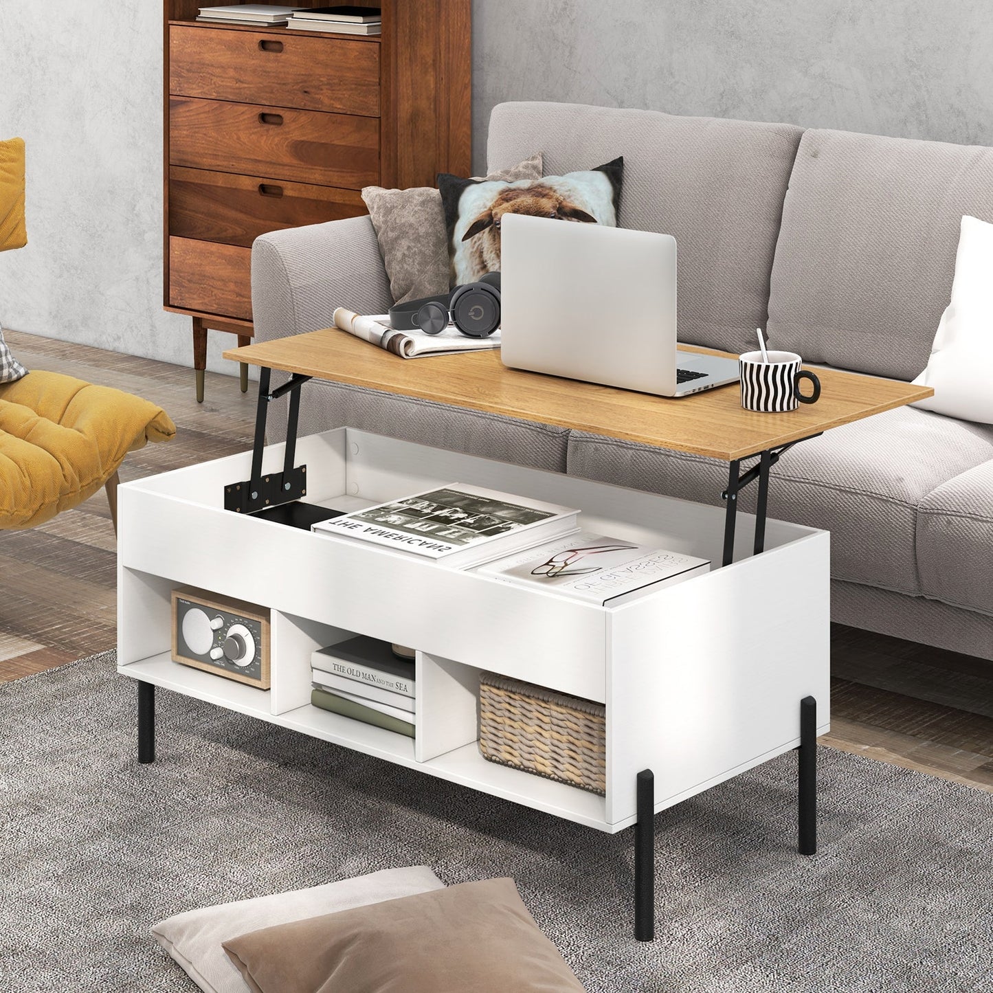 Lift Top Coffee Table with Large Hidden Compartment and 3 Open Cubbies-White