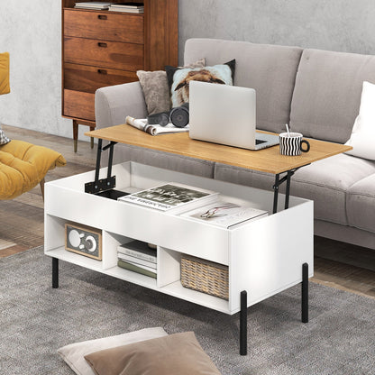Lift Top Coffee Table with Large Hidden Compartment and 3 Open Cubbies-White