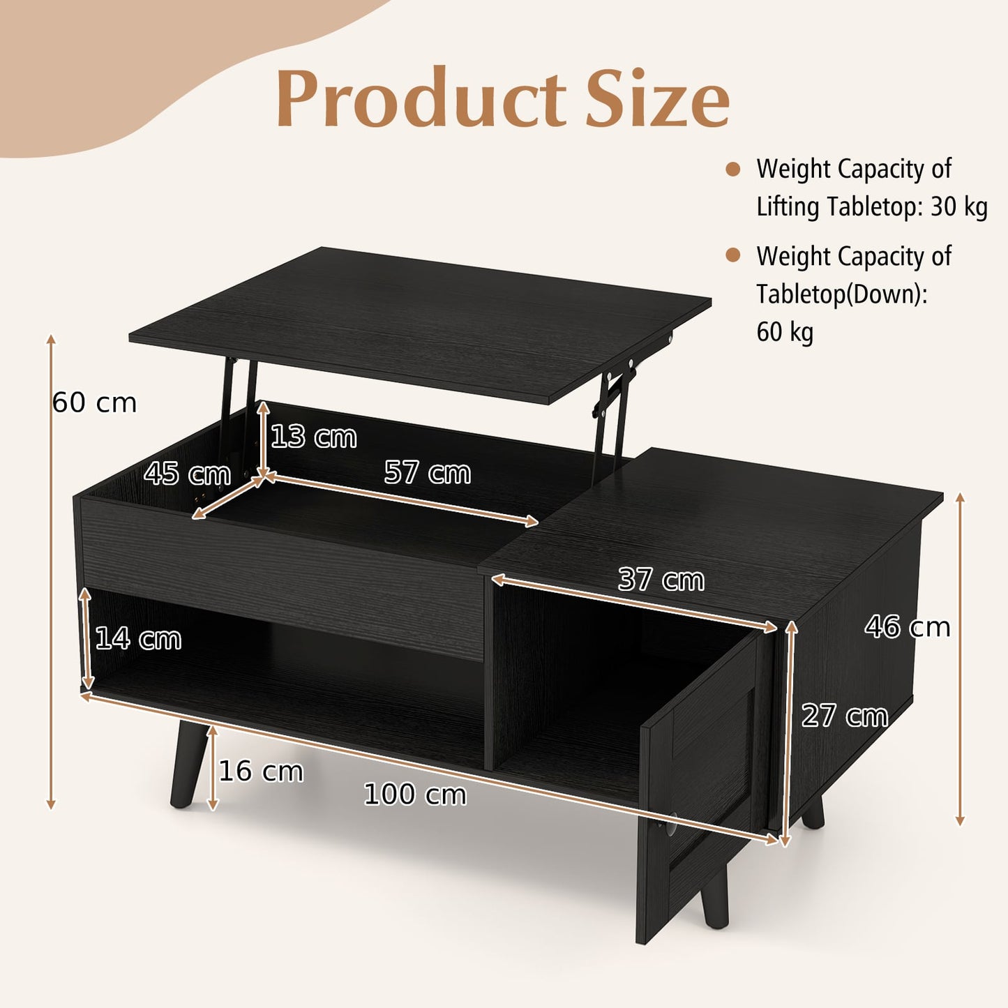 Lift Top Coffee Table with Storage Living Room Table with Hidden Compartment-Black