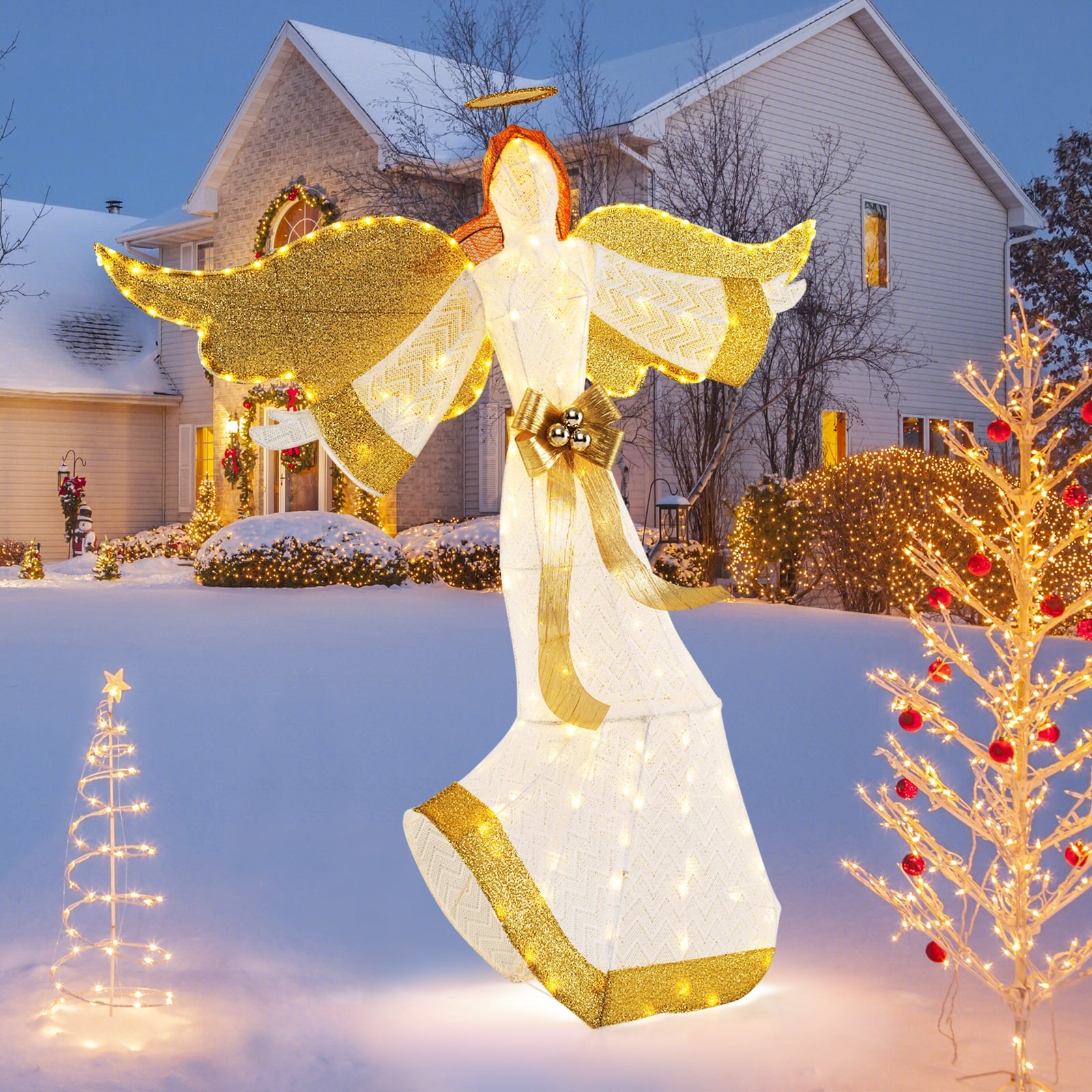 160cm Christmas Lighted Angel with Halo Bow and 180 LED Lights