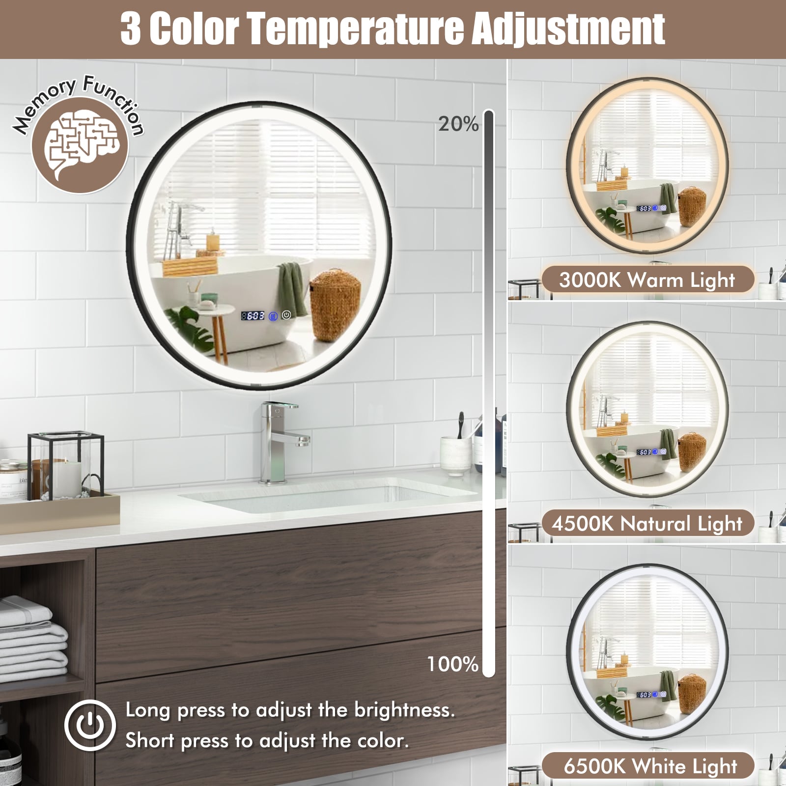 Lighted Bathroom Mirror with 3 Color LED Light Memory Function
