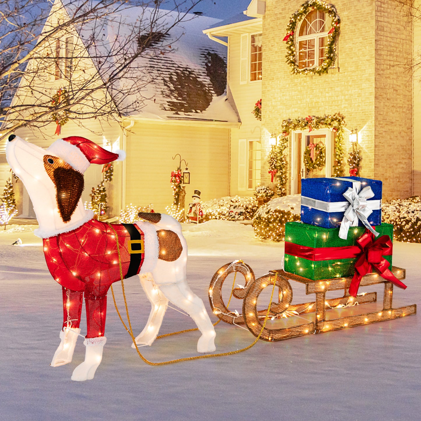 Pre-lit Lighted Christmas Dog Sleigh Gift Boxes Combo Decoration