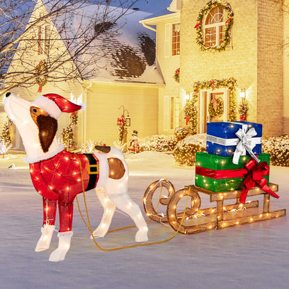 Pre-lit Lighted Christmas Dog Sleigh Gift Boxes Combo Decoration