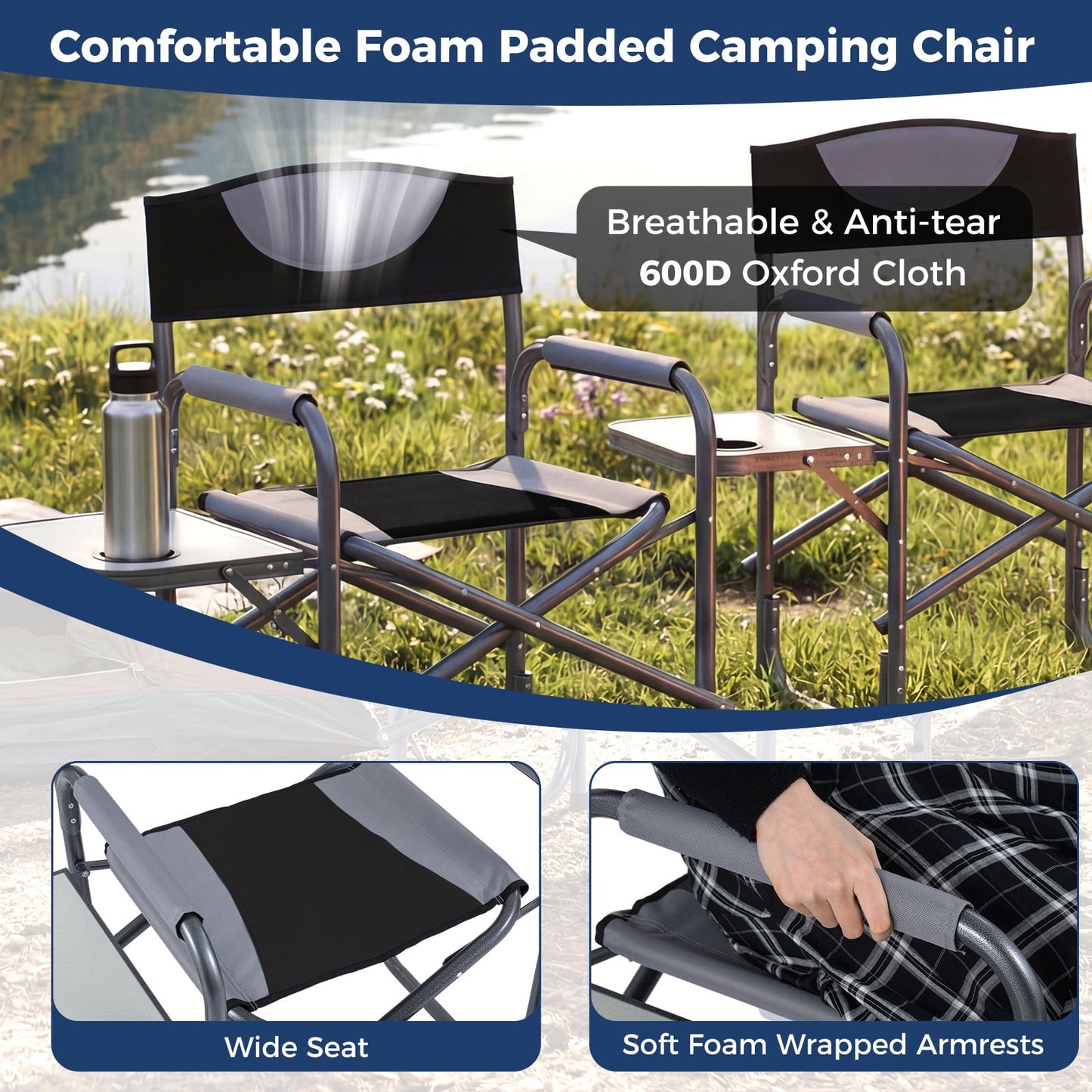 Lightweight Portable Directors Chair with Side Table and Cup Holder-Black