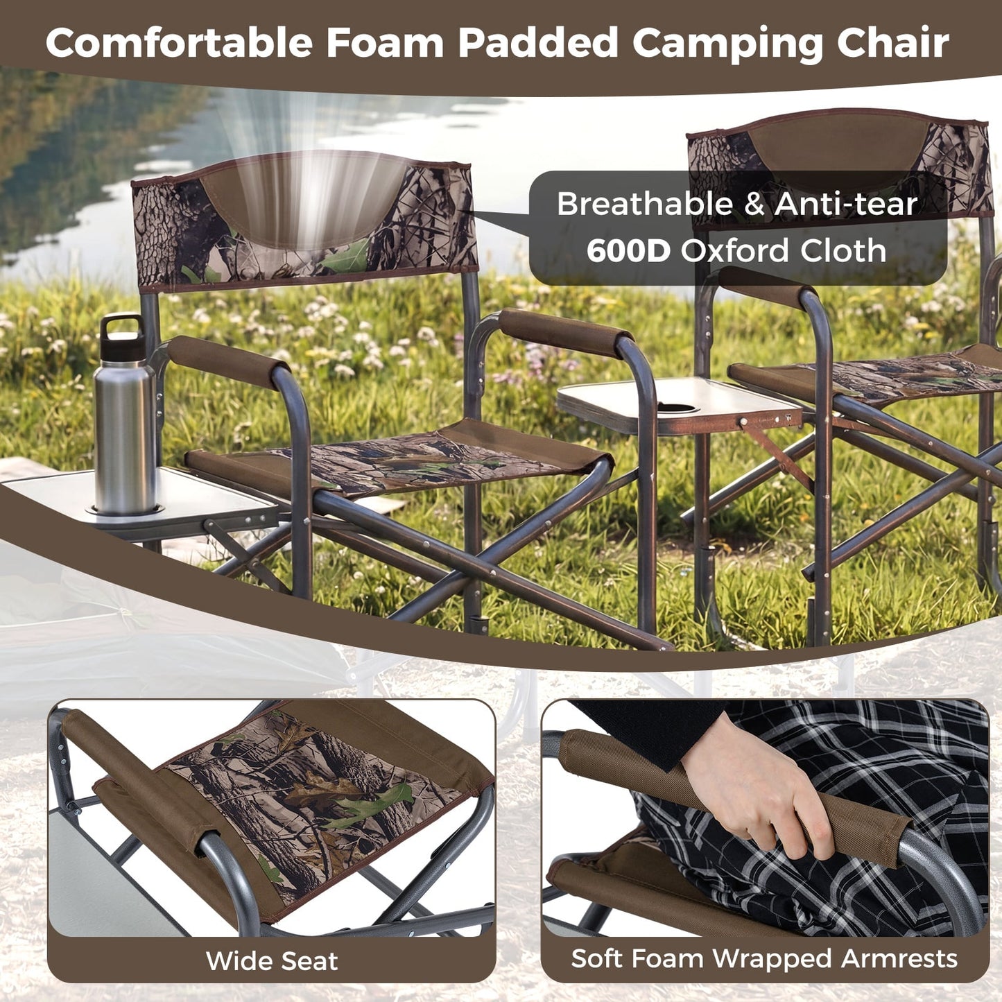 Lightweight Portable Directors Chair with Side Table and Cup Holder-Camouflage