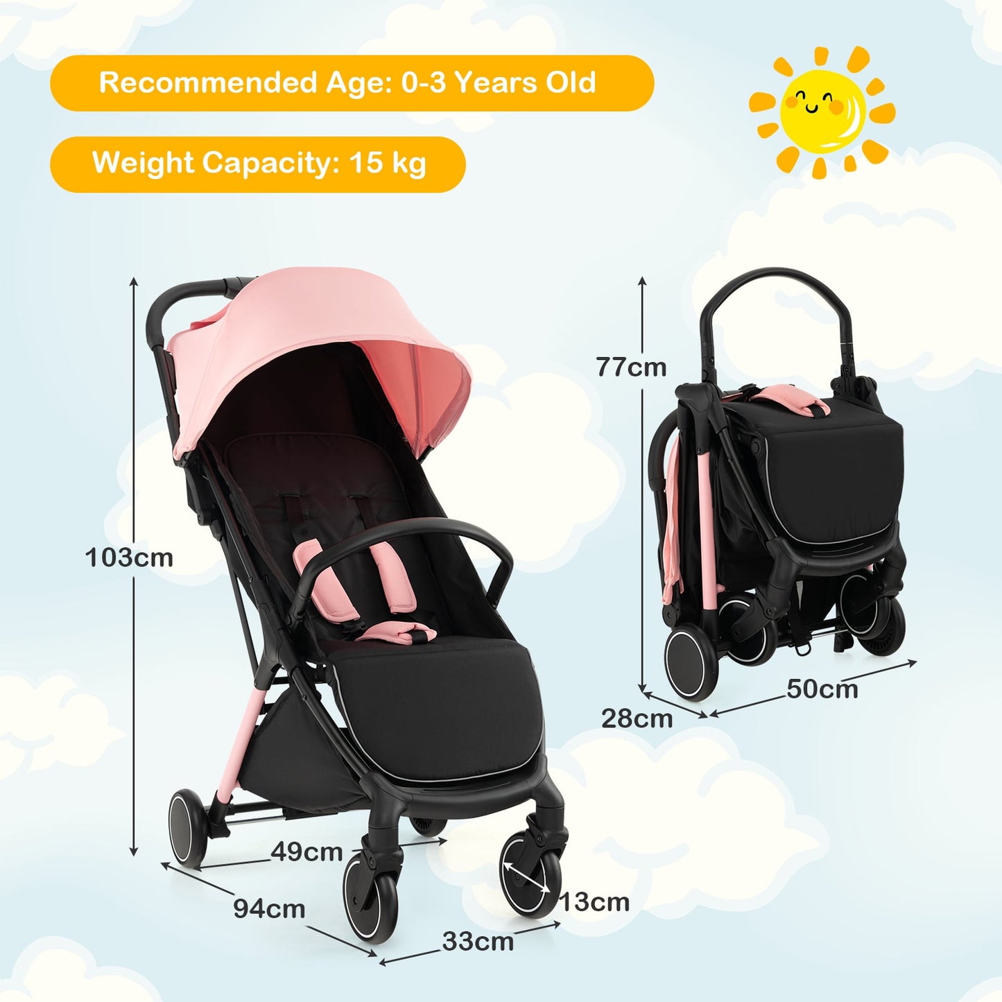 Lightweight Baby Stroller with Detachable Seat Cover-Pink