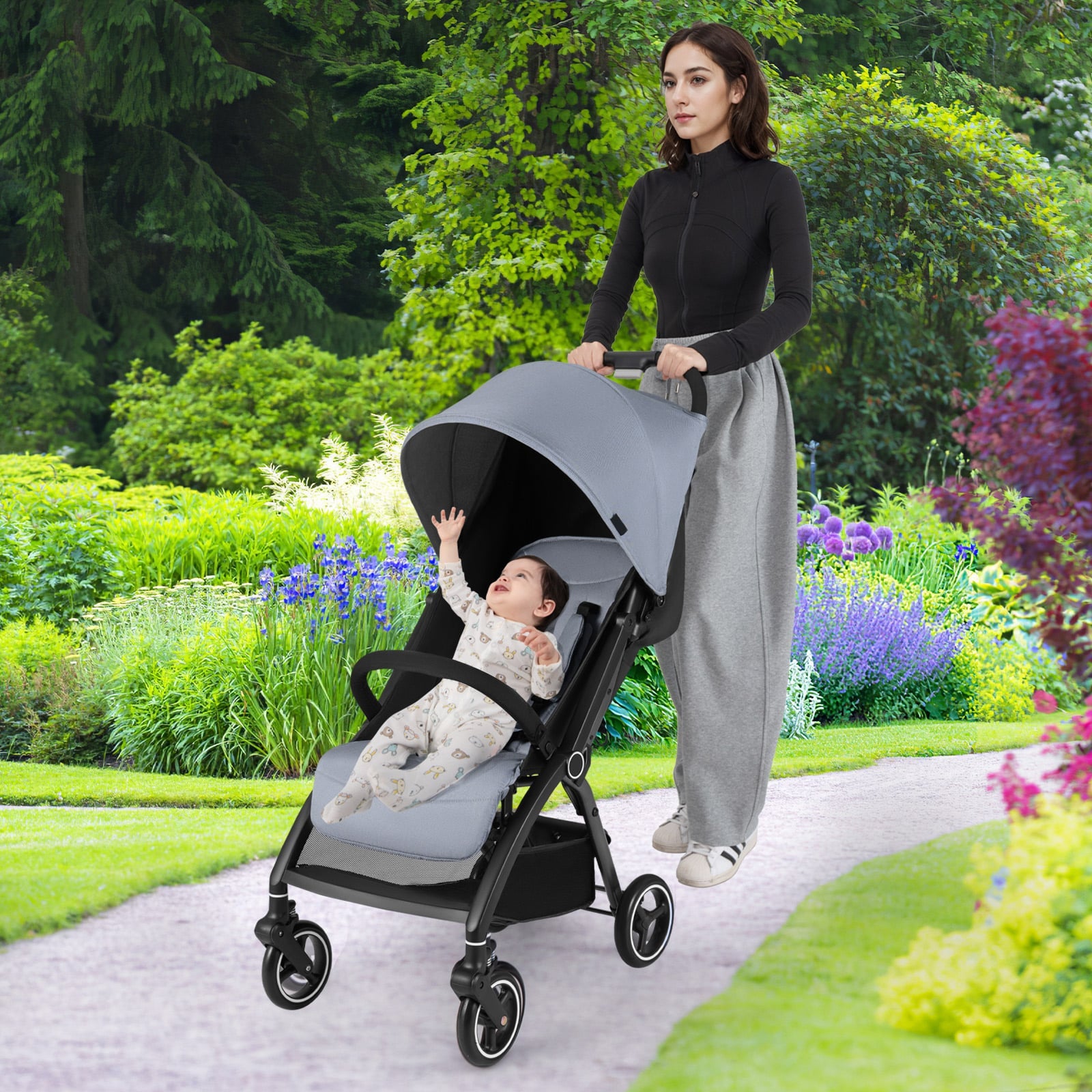 Lightweight Foldable Baby Stroller with Adjustable Backrest and Canopy-Light Grey