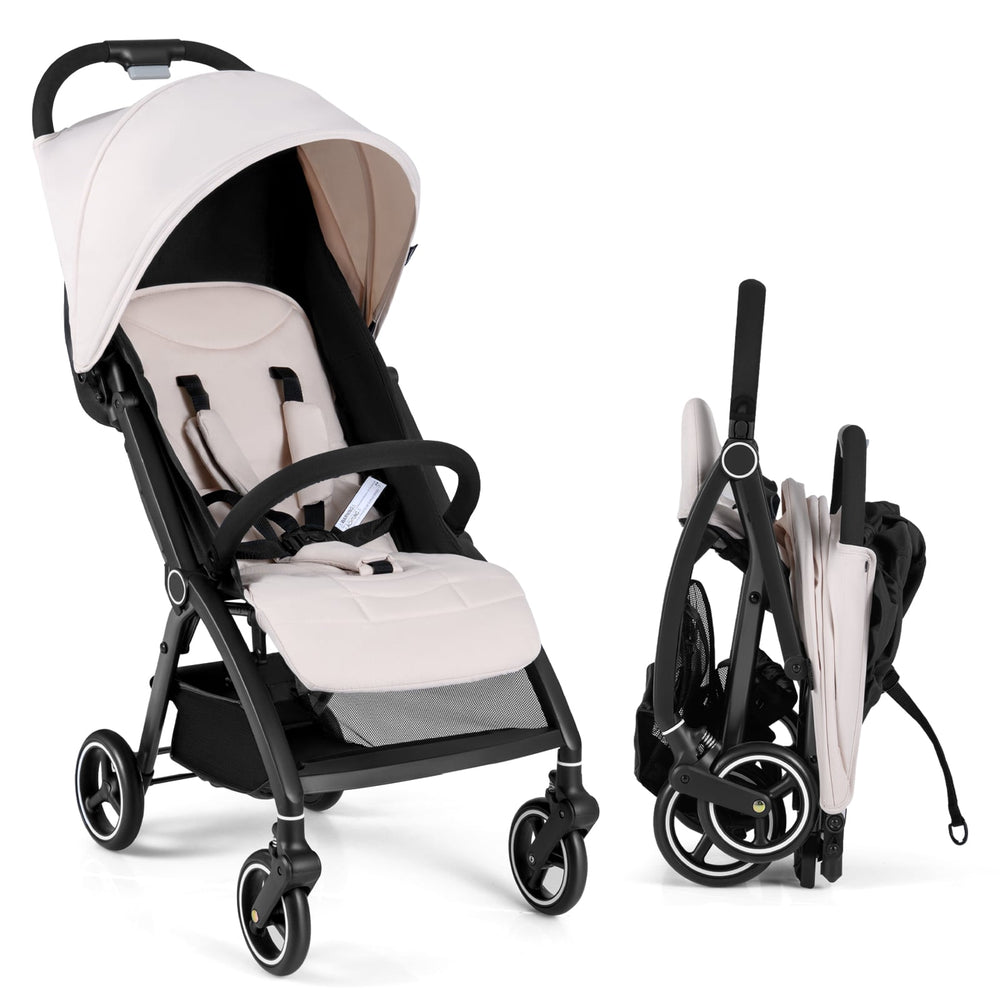 Lightweight Foldable Baby Stroller with Adjustable Backrest and Canopy-Beige
