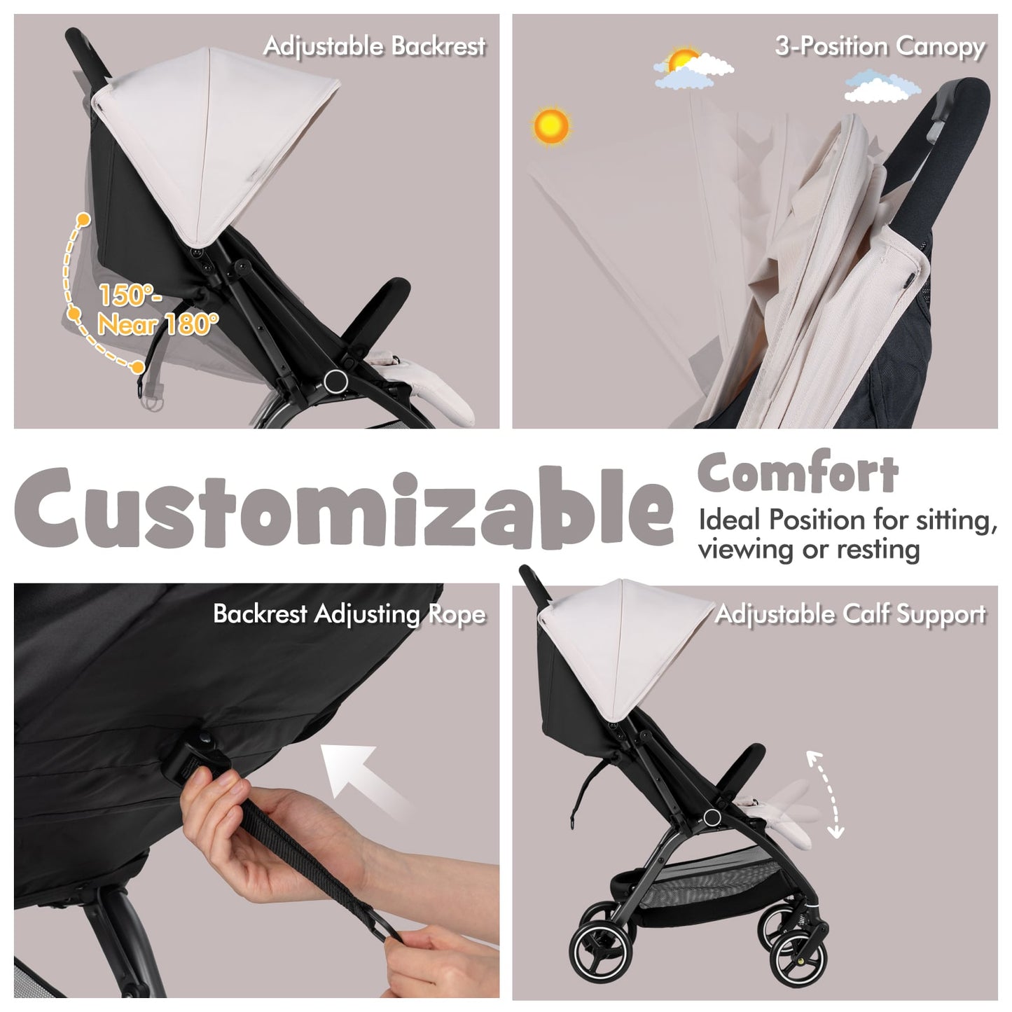 Lightweight Foldable Baby Stroller with Adjustable Backrest and Canopy-Beige