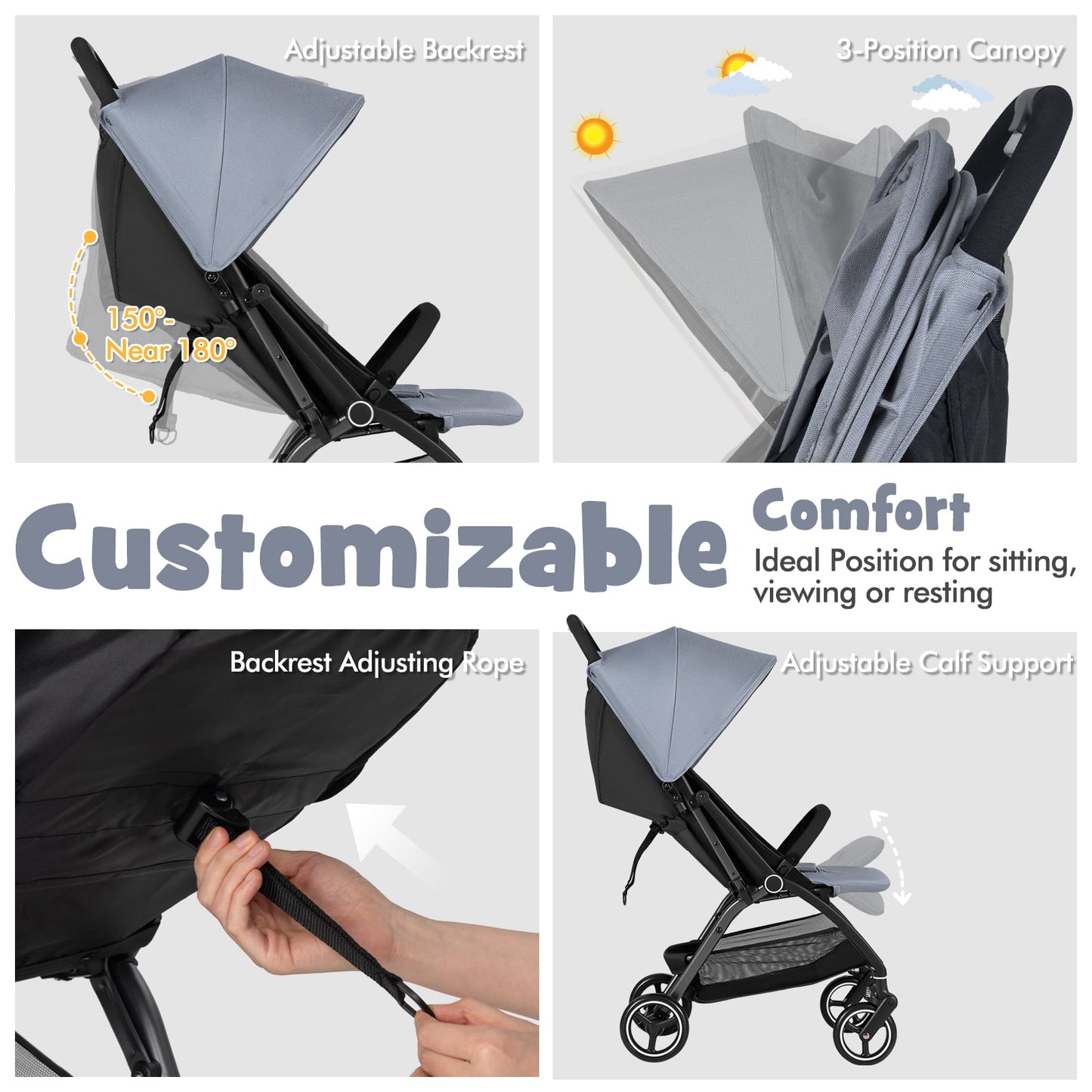 Lightweight Foldable Baby Stroller with Adjustable Backrest and Canopy-Light Grey