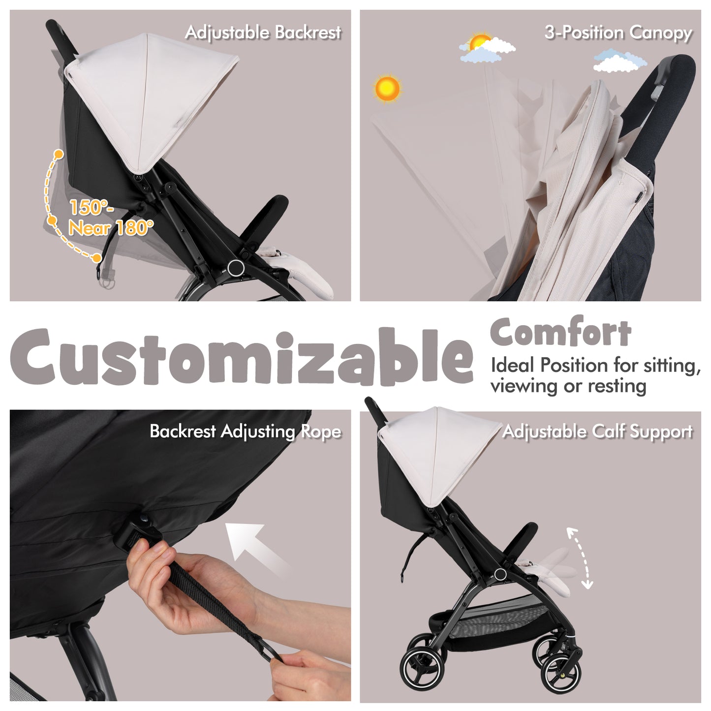 Lightweight Foldable Baby Stroller with Adjustable Backrest and Canopy-Beige