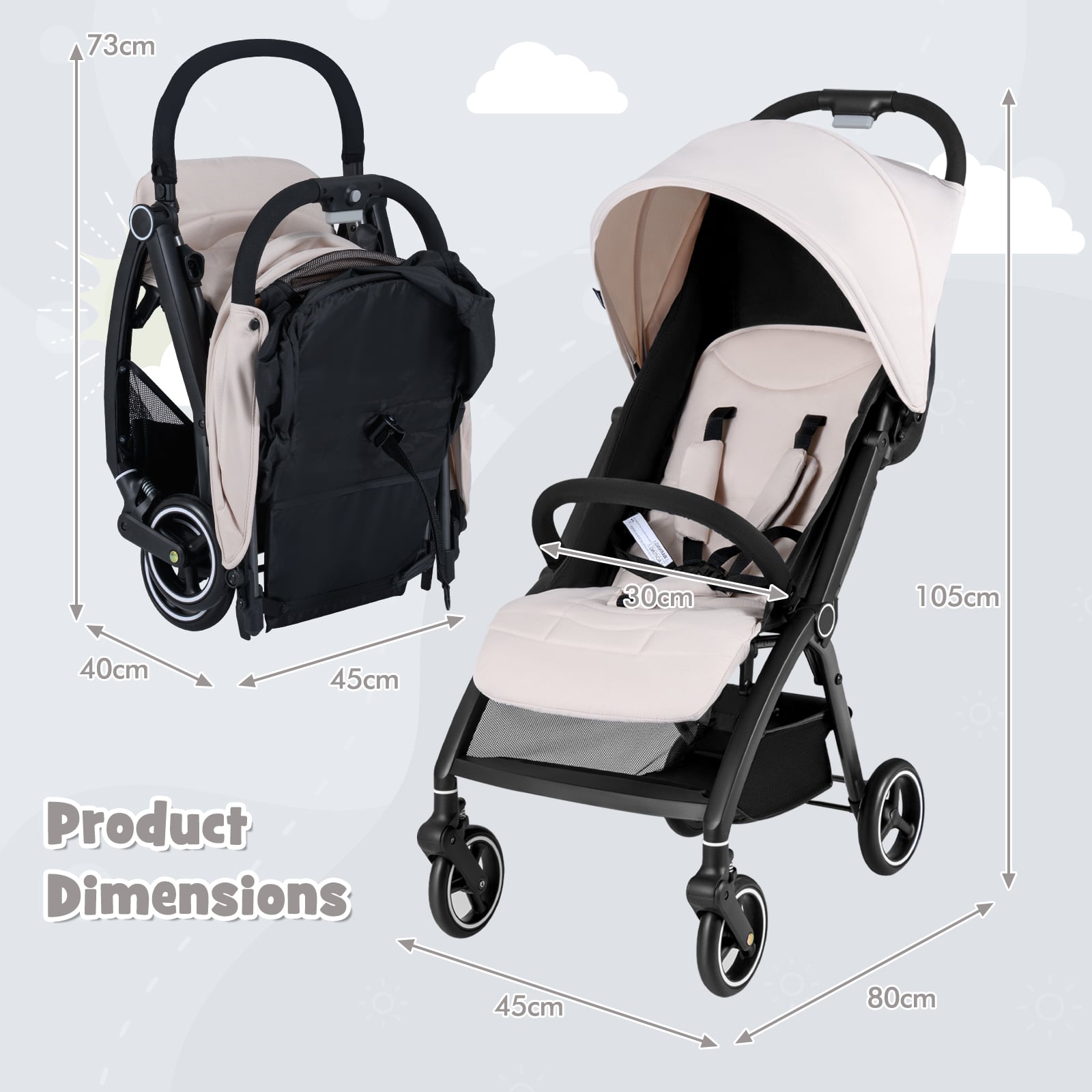 Lightweight Foldable Baby Stroller with Adjustable Backrest and Canopy-Beige