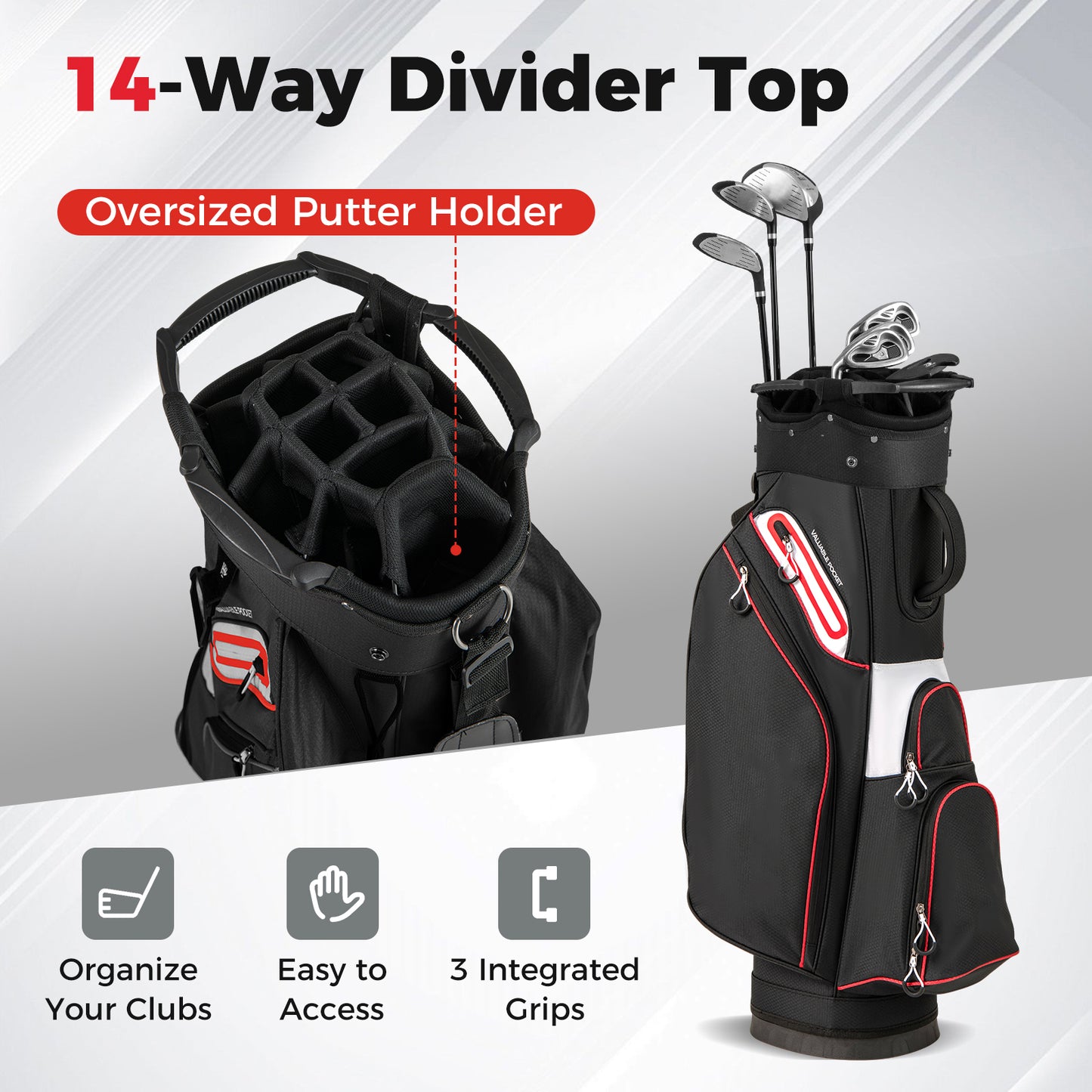 Lightweight Golf Cart Bag with 14-Way Divider Top and Cooler Pocket-Black