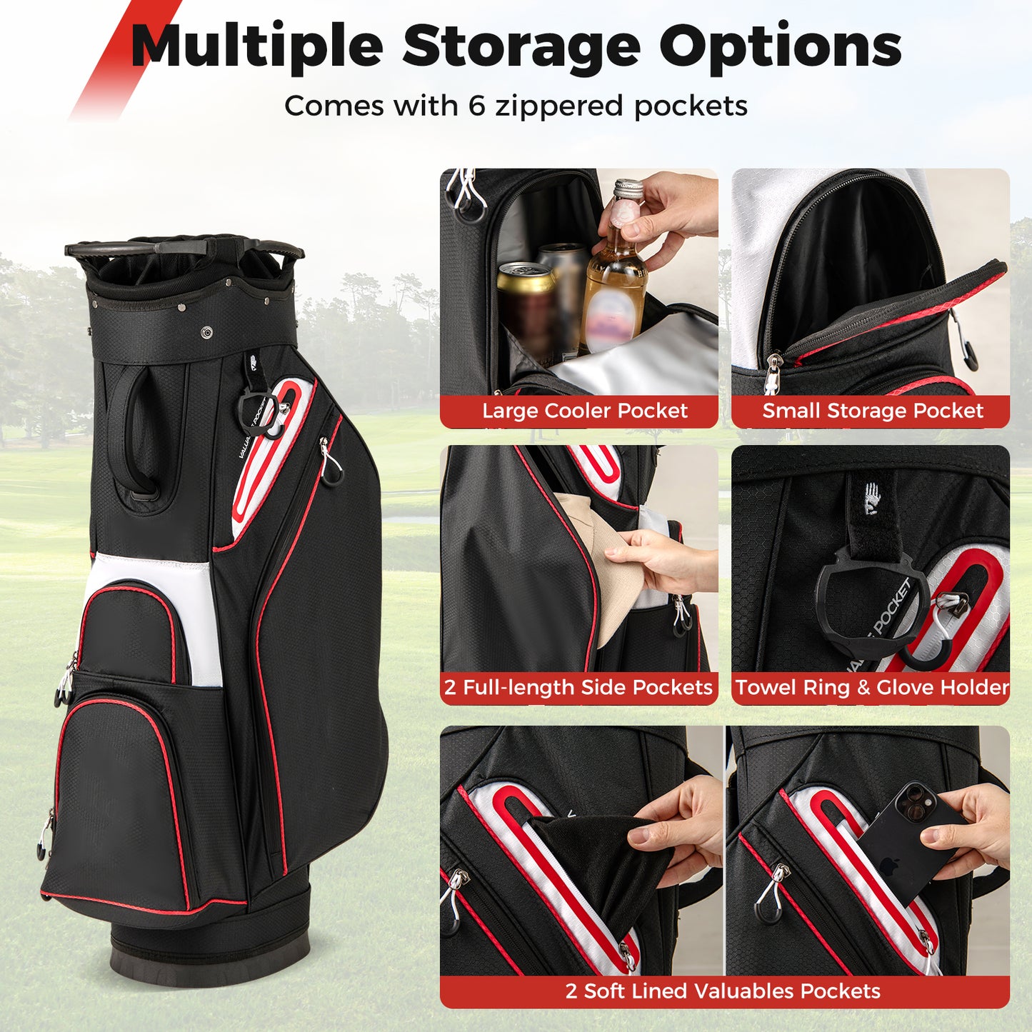 Lightweight Golf Cart Bag with 14-Way Divider Top and Cooler Pocket-Black