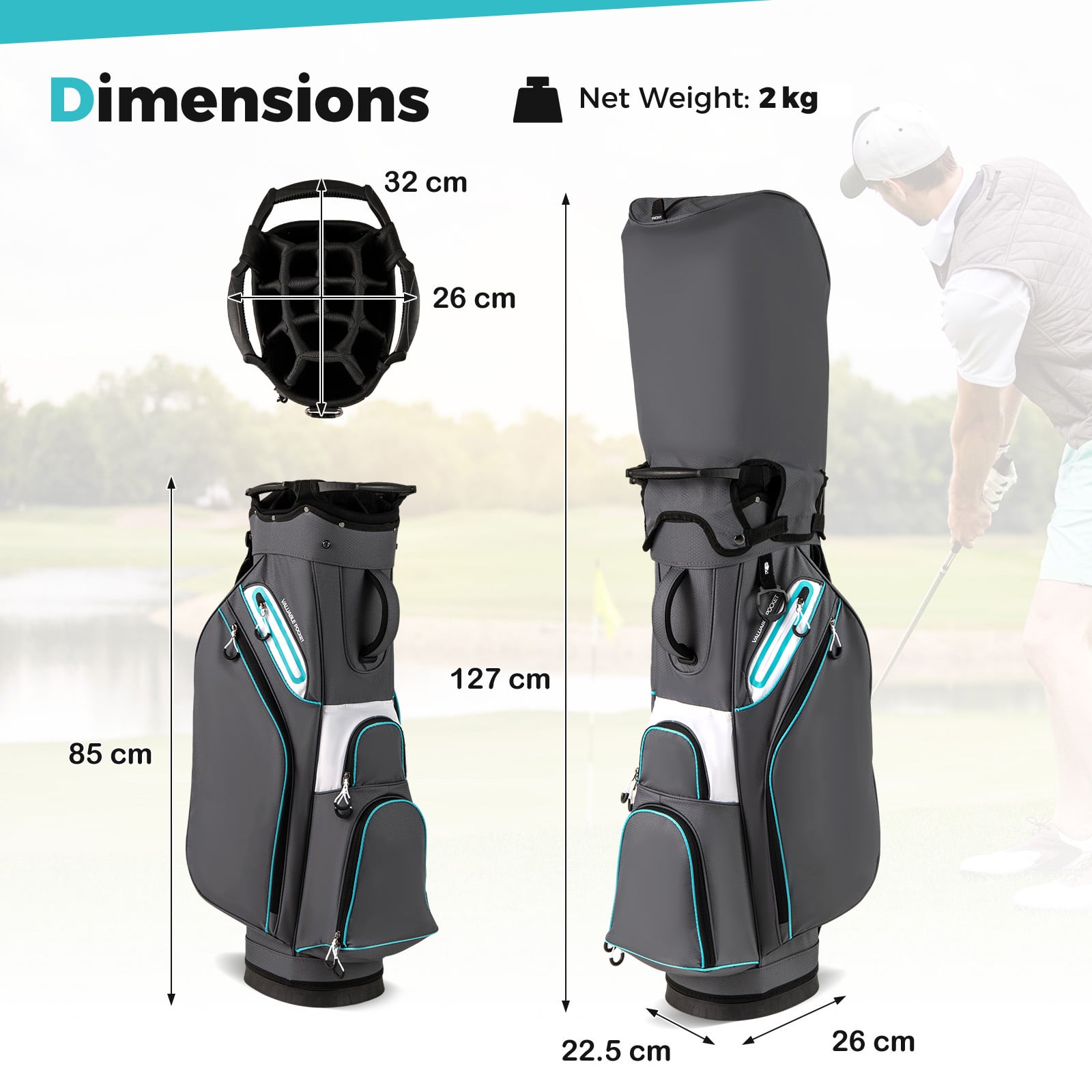 Lightweight Golf Cart Bag with 14-Way Divider Top and Cooler Pocket-Grey