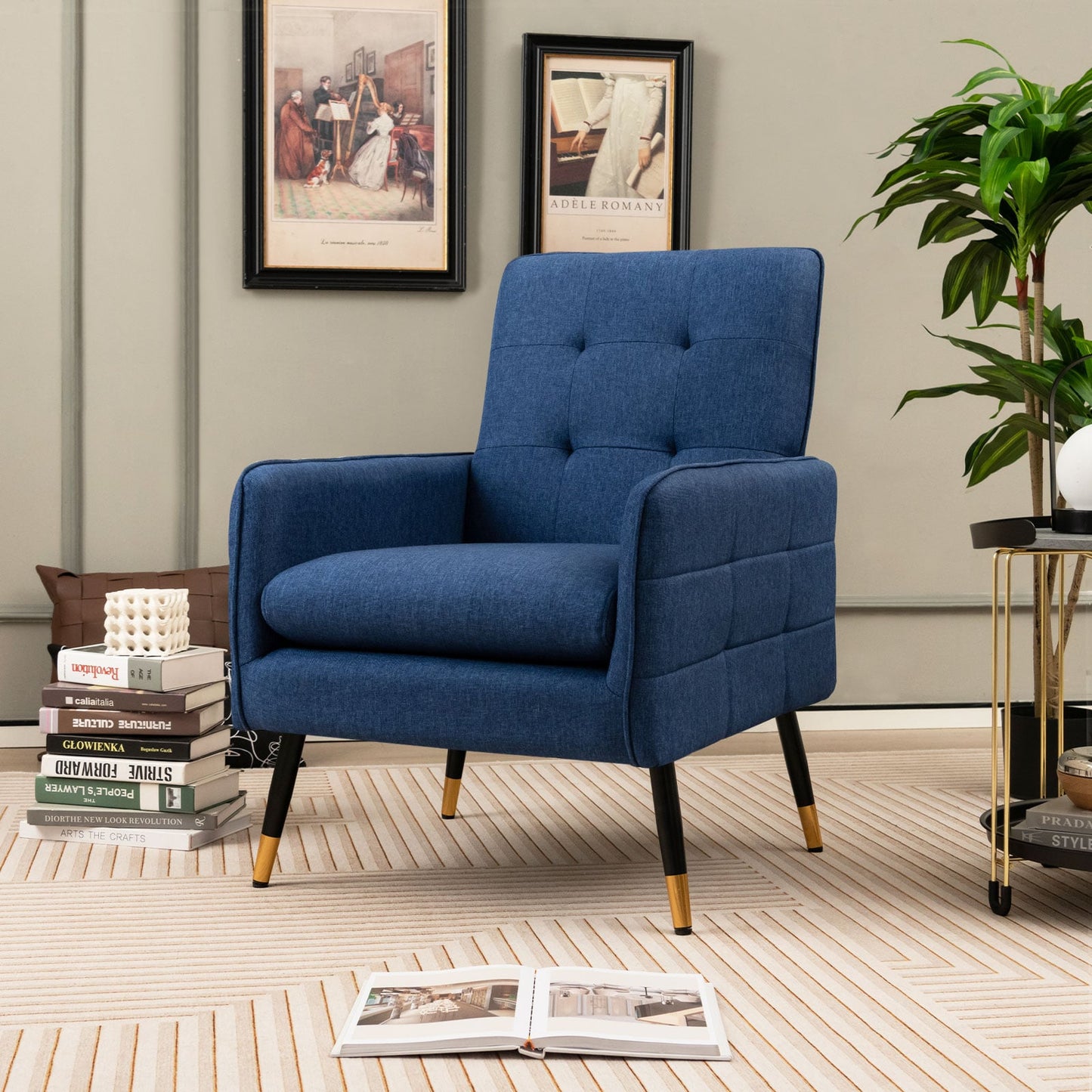 Linen Fabric Accent Chair Single Sofa with Removable Seat Cushion-Blue