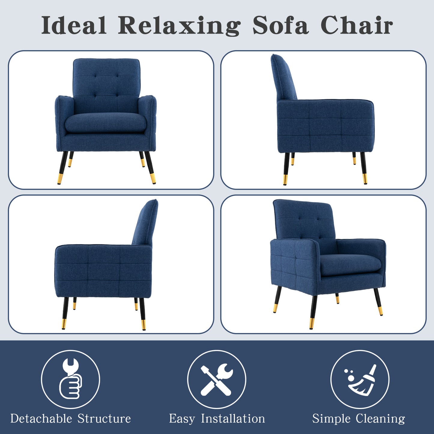 Linen Fabric Accent Chair Single Sofa with Removable Seat Cushion-Blue