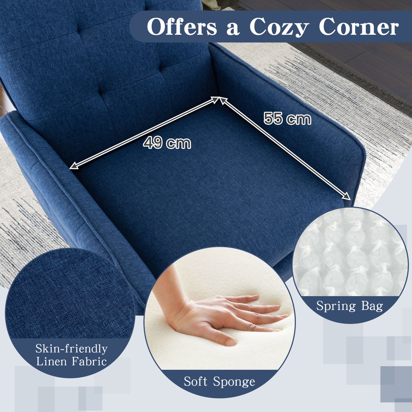 Linen Fabric Accent Chair Single Sofa with Removable Seat Cushion-Blue