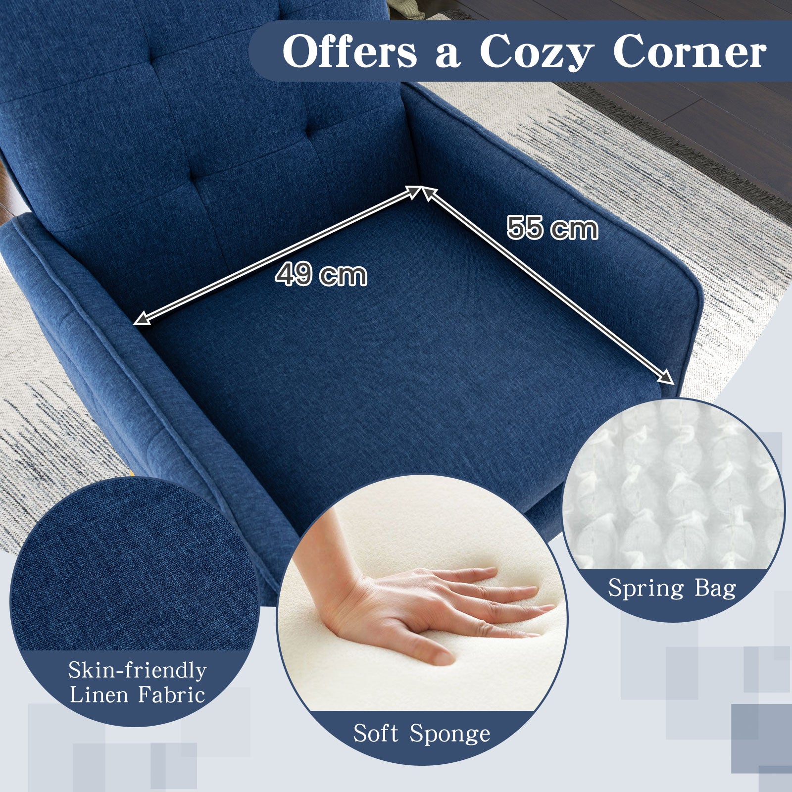 Linen Fabric Accent Chair Single Sofa with Removable Seat Cushion-Blue