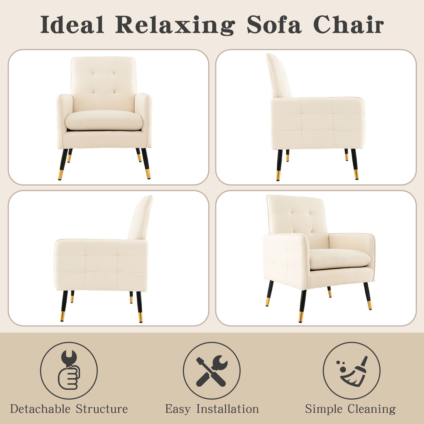 Linen Fabric Accent Chair Single Sofa with Removable Seat Cushion-Beige
