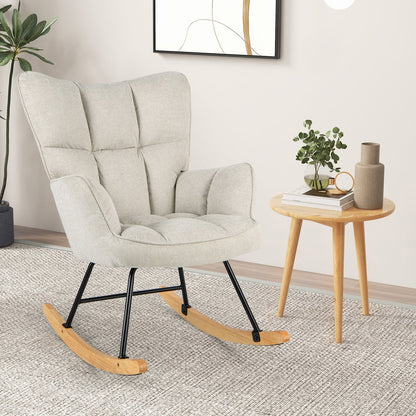 Linen Nursery Rocking Chair Modern Rocking Accent Chair with High Backrest-Beige