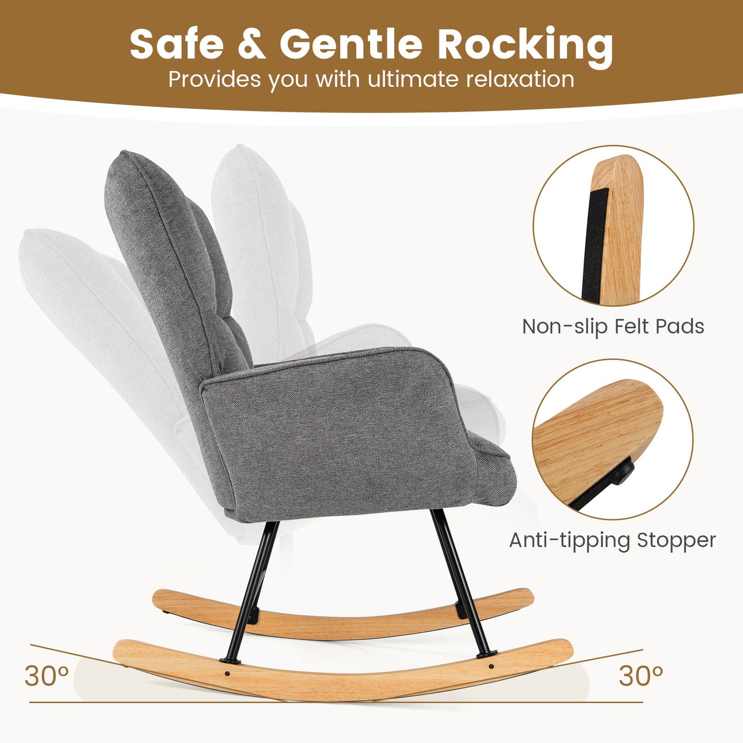 Linen Nursery Rocking Chair Modern Rocking Accent Chair with High Backrest-Grey