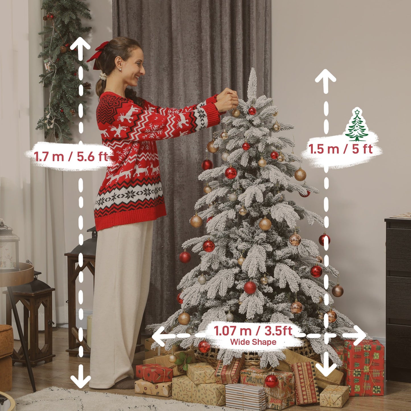 HOMCOM 5ft Super Flocked Christmas Tree - Green/White