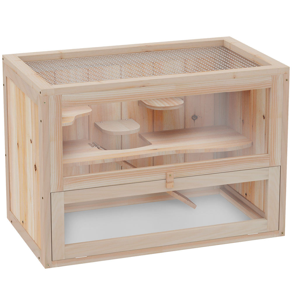 PawHut Wooden Hamster Cage Mouse Mice Rodent Small Animals Hutch Exercise Play House 60 x 35 x 42cm, Natural Wood Finish