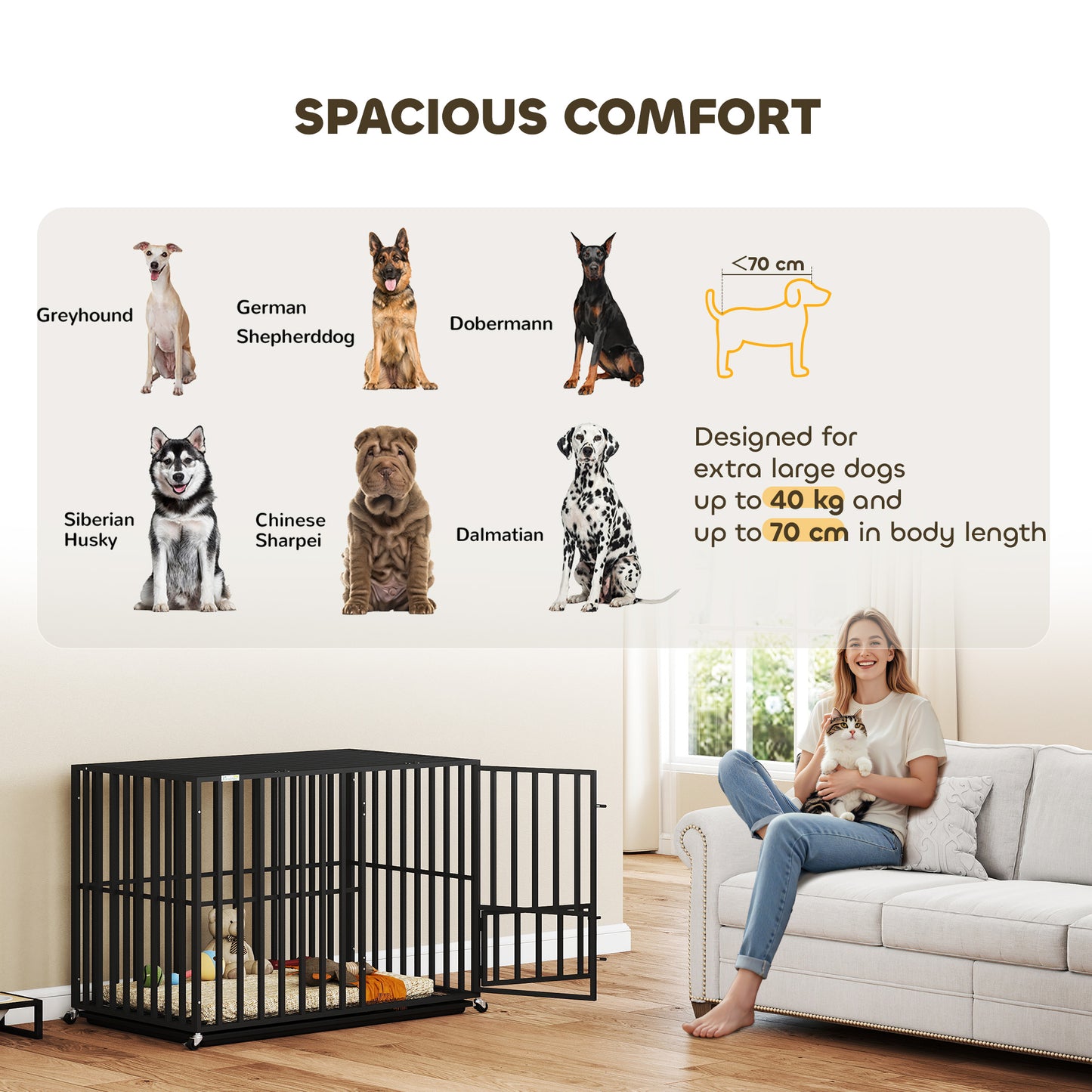 PawHut Heavy Duty Dog Crate, Dog Cage with Wheels for Extra Large Breeds, Metal Pet Kennel with Removable Tray