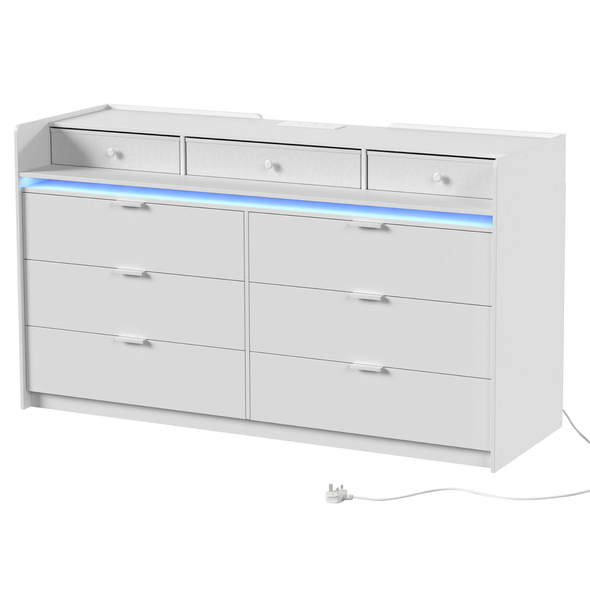 HOMCOM Chest of Drawers for Bedroom with LED Light & Charging Station, 9 Drawers Storage Unit/TV Stand, White