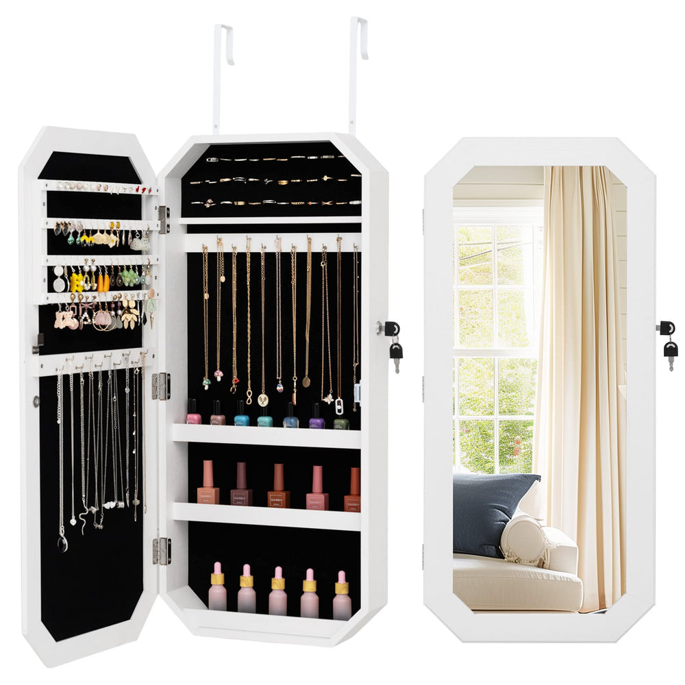 Lockable Full-Length Mirror Jewelry Cabinet with Storage Shelves for Bedroom-White