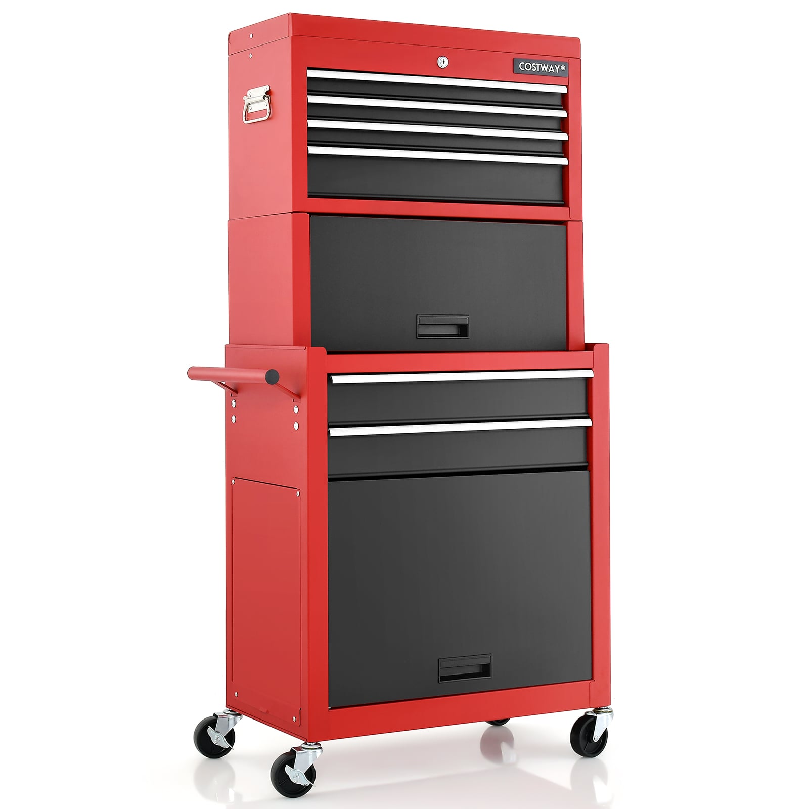 Lockable Tool Storage Cabinet with Handle, Drawers, Wheels and EVA Liner-Red &amp; Black