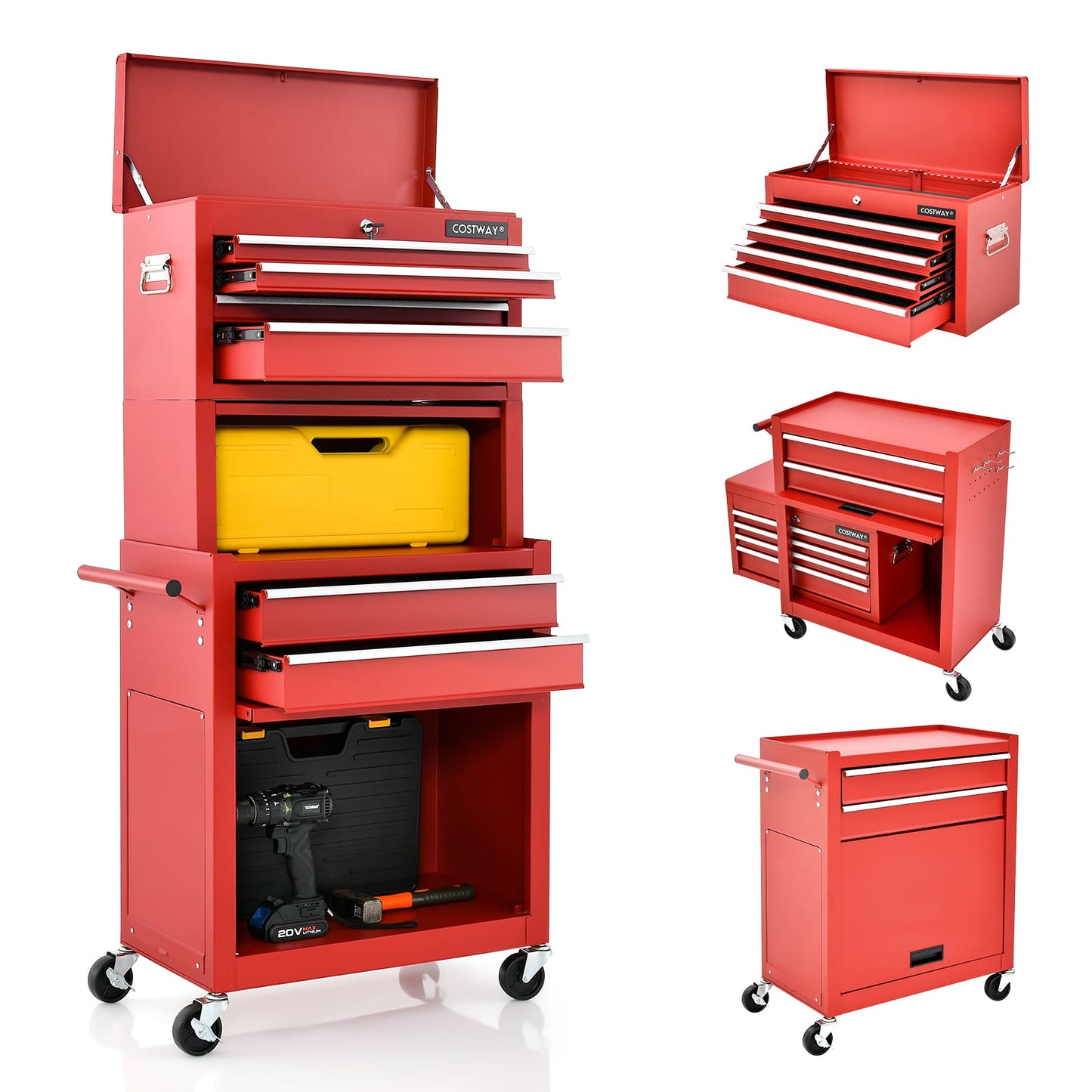 Lockable Tool Storage Cabinet with Handle, Drawers, Wheels and EVA Liner-Red