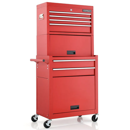 Lockable Tool Storage Cabinet with Handle, Drawers, Wheels and EVA Liner-Red