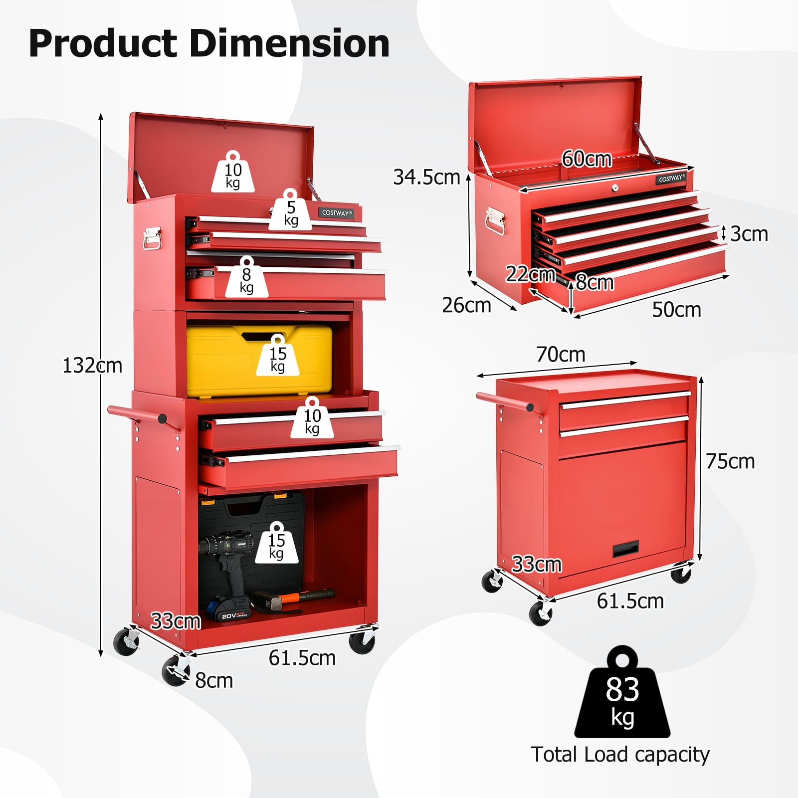 Lockable Tool Storage Cabinet with Handle, Drawers, Wheels and EVA Liner-Red